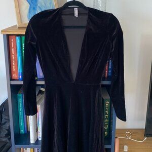 American Apparel Deep V-Neck Black Velvet Skater Dress